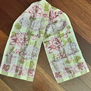 Liz Claiborne Scarf Floral Oblong Pink Purple Peonies Green Stripe Chiffon